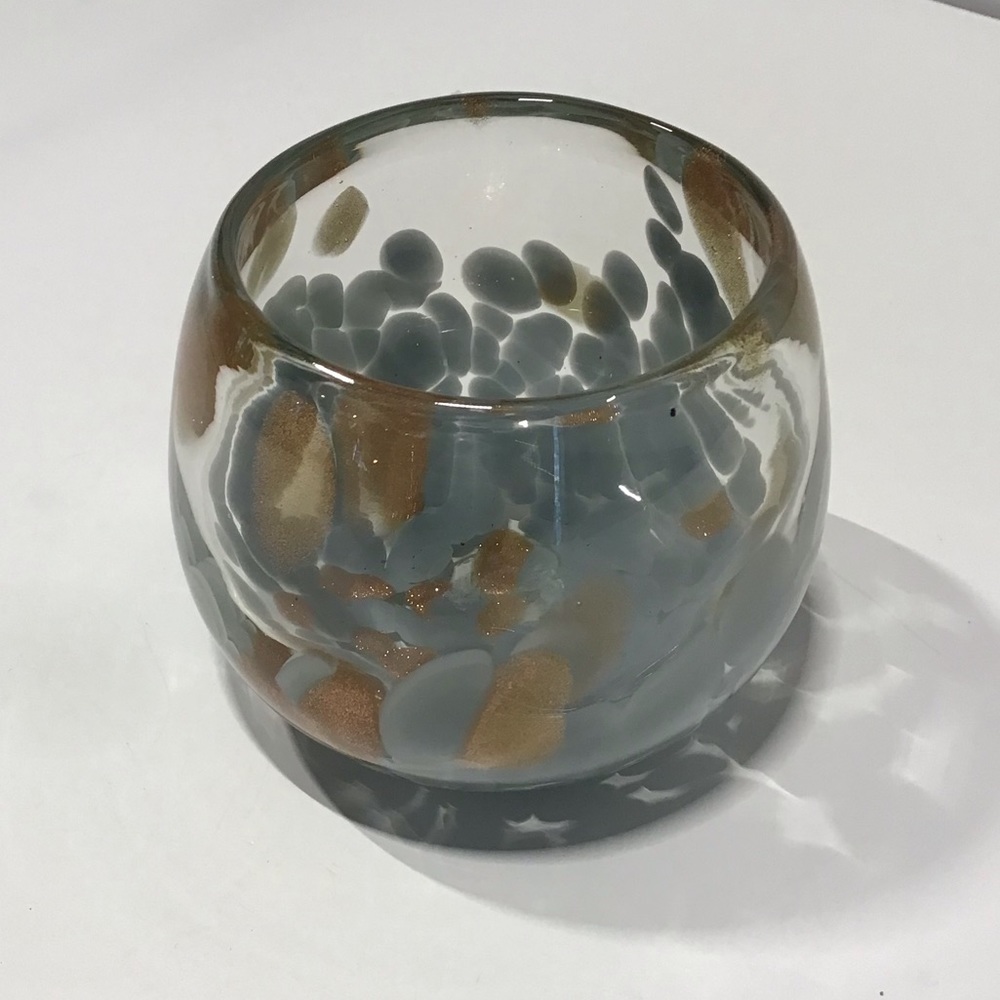 Anthropologie Tea Light Candle Holder Votive Gray Metallic Bronze Art Glass